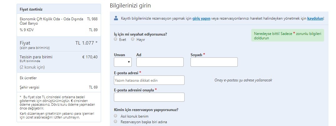 Booking kullanıcı bilgileri